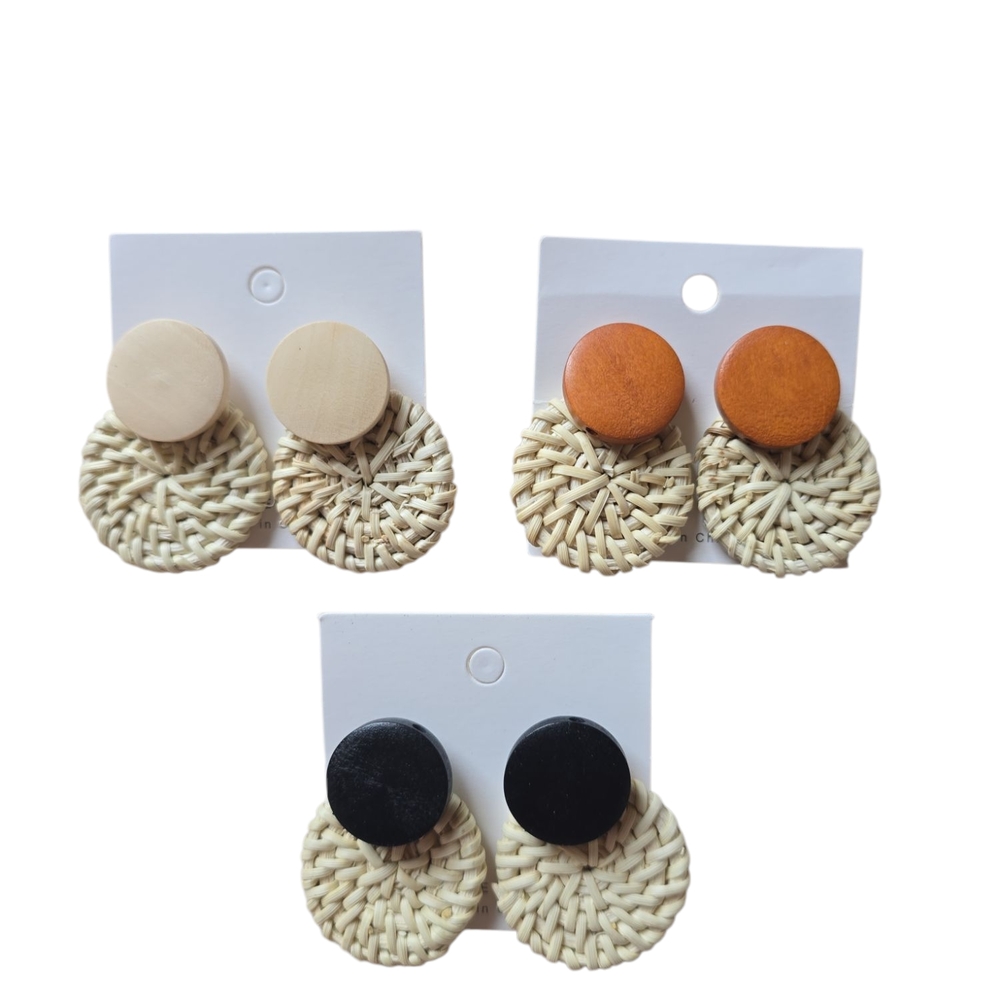 Trio of Rattan And Wood Circle Earrings